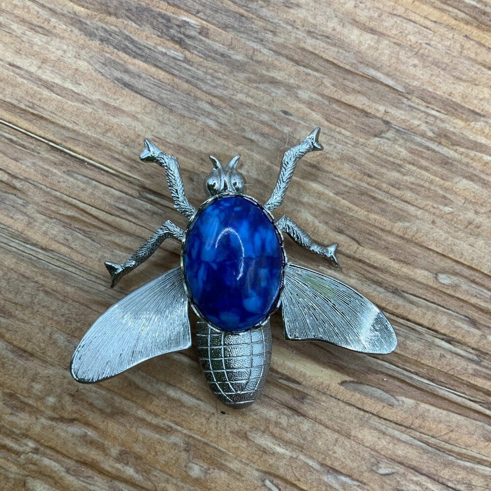 Insect Fly Bug Vintage Blue Lapis Silver Tone Pin Brooch